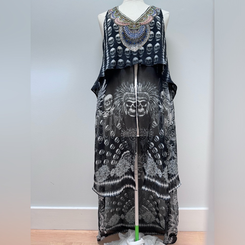 Camilla Skull Printed Silk / Tank Tunic Top: Hi Low with Embellishing: Size S